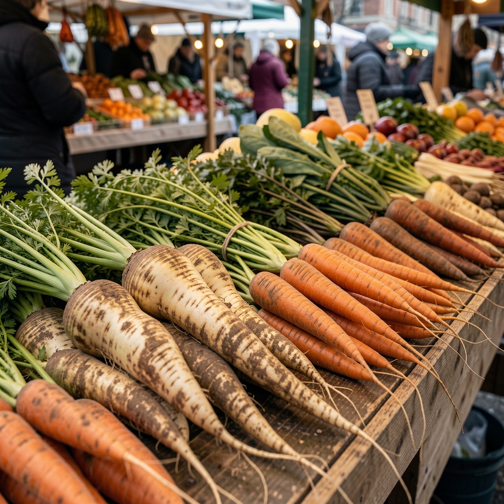 Winter root vegetables including celeriac and heritage carrots laid out on a market stall in natural light, textures and earthy tones prominent