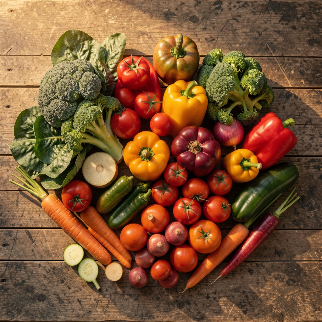 Assorted seasonal vegetables arranged by colour on a worn wooden table in late afternoon light, editorial overhead view
