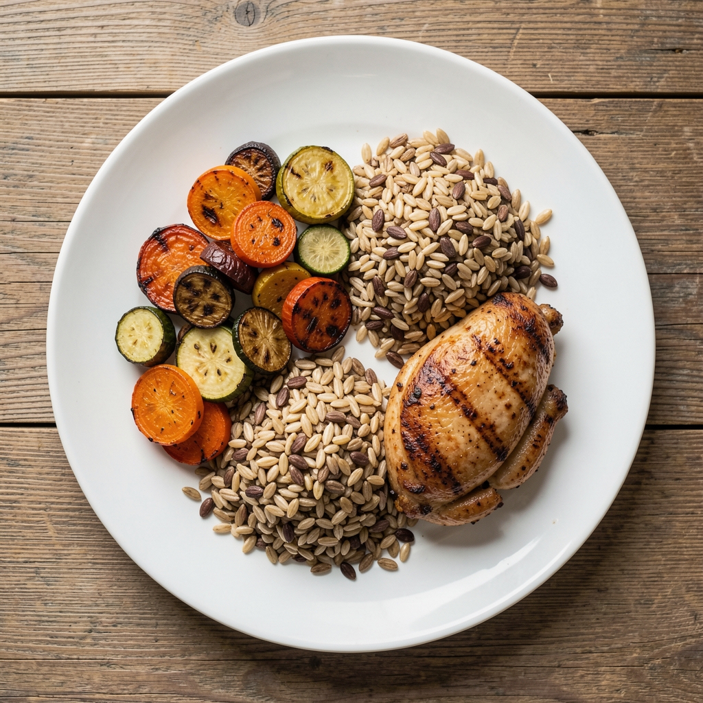 Overhead view of a composed plate showing distinct sections of roasted vegetables, whole grains and a protein component, natural daylight on a wooden surface