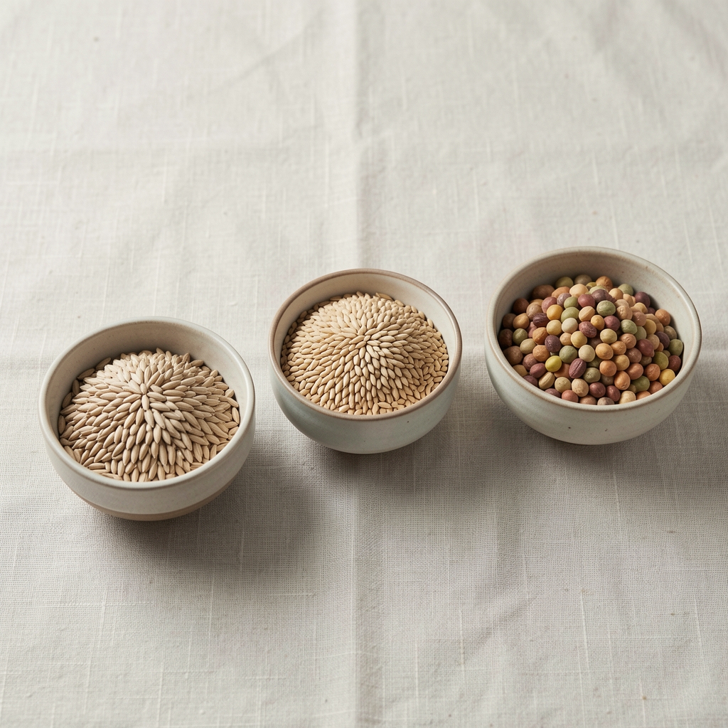 Three ceramic bowls of varying sizes holding different quantities of grains and legumes on a pale linen surface, precise and orderly
