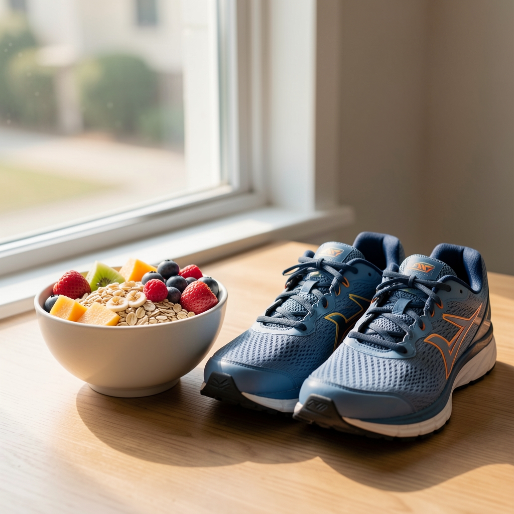 Running shoes placed neatly beside a breakfast bowl with fruit and whole grains, morning light through a window, lifestyle editorial photograph