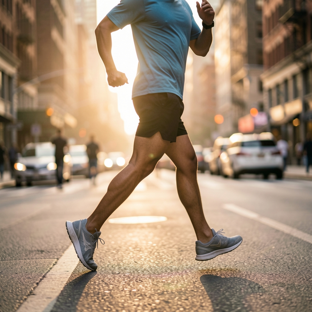 Person in motion on an urban street at dawn, running shoes visible, blurred background suggesting pace and early morning rhythm
