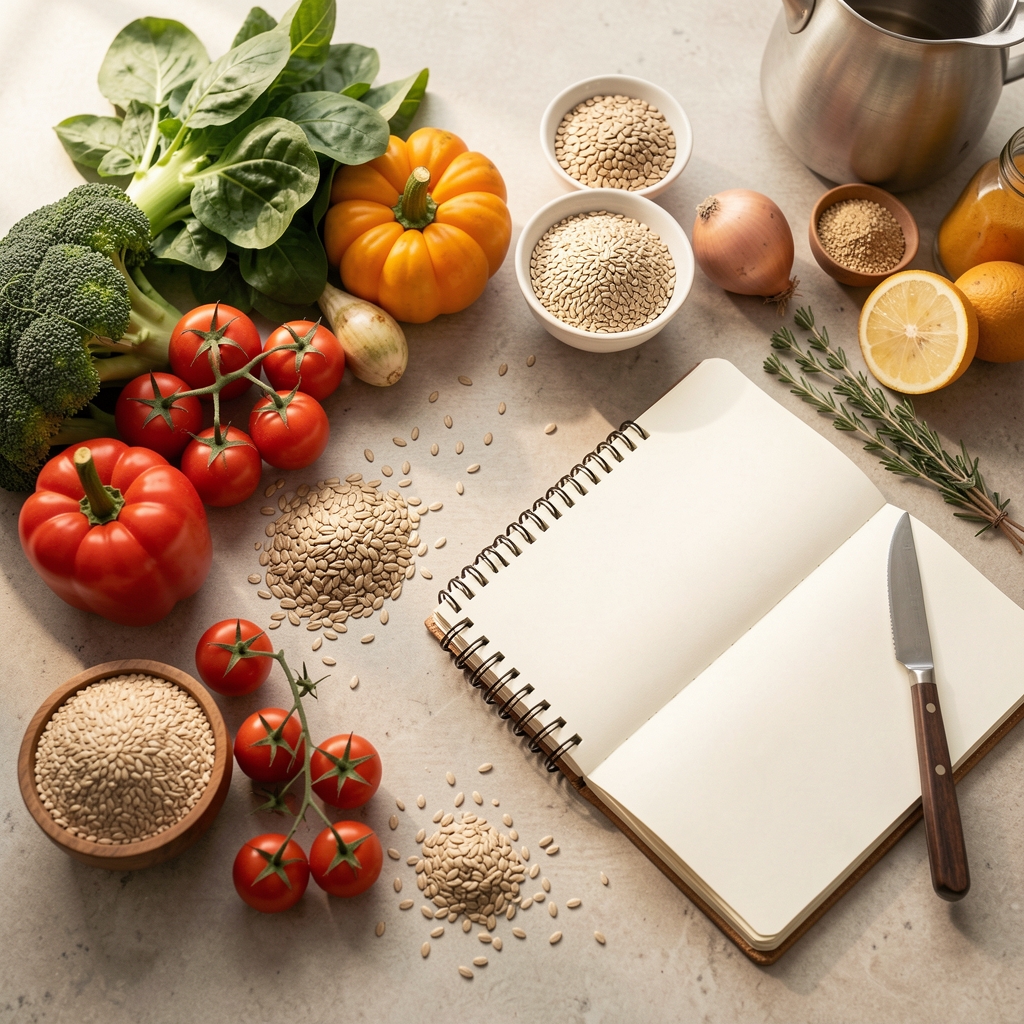 Kitchen worktop with seasonal vegetables, whole grains and a notebook in soft morning light, top-down editorial composition
