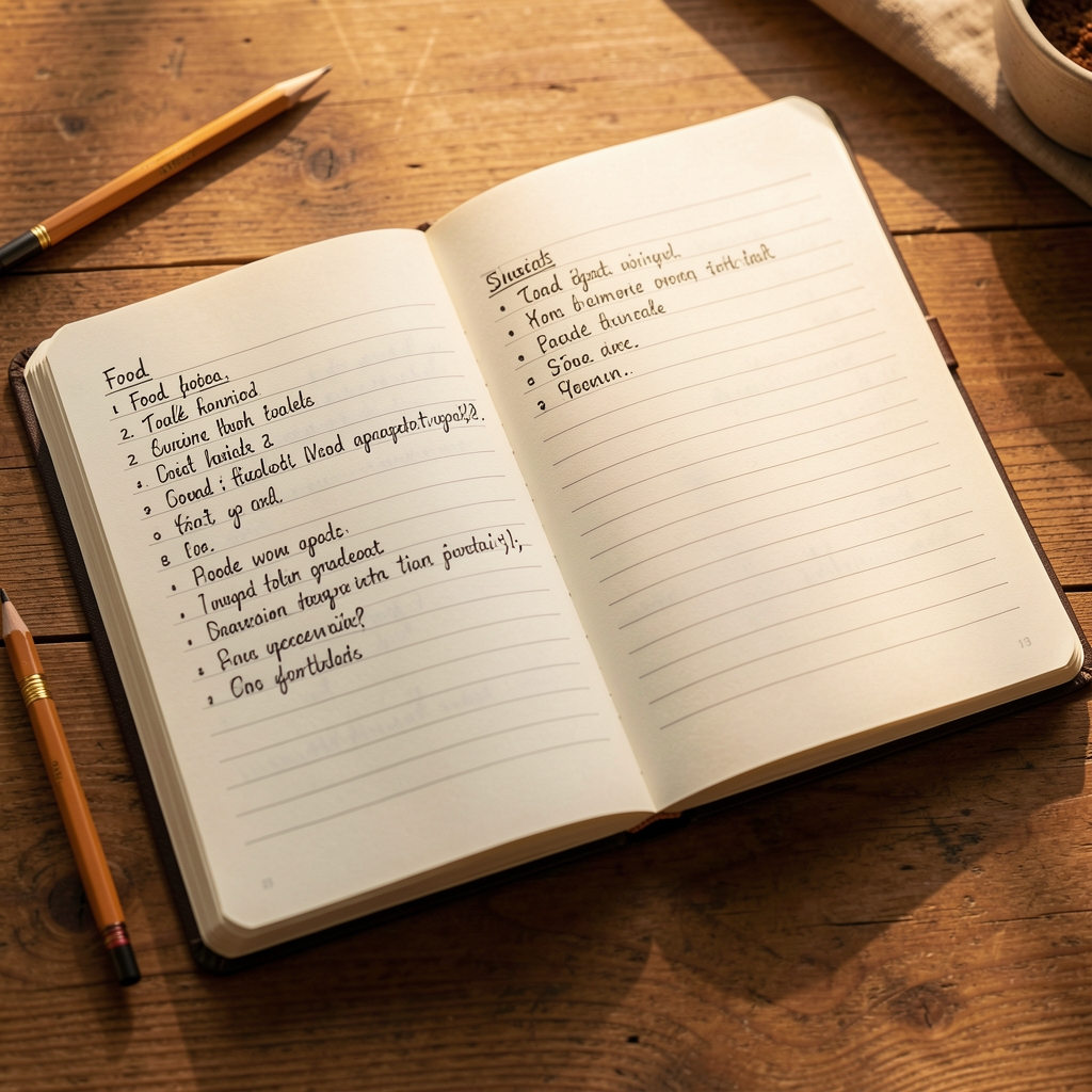 Open notebook with handwritten food entries beside a pencil on a warm-toned wooden surface, late afternoon natural light